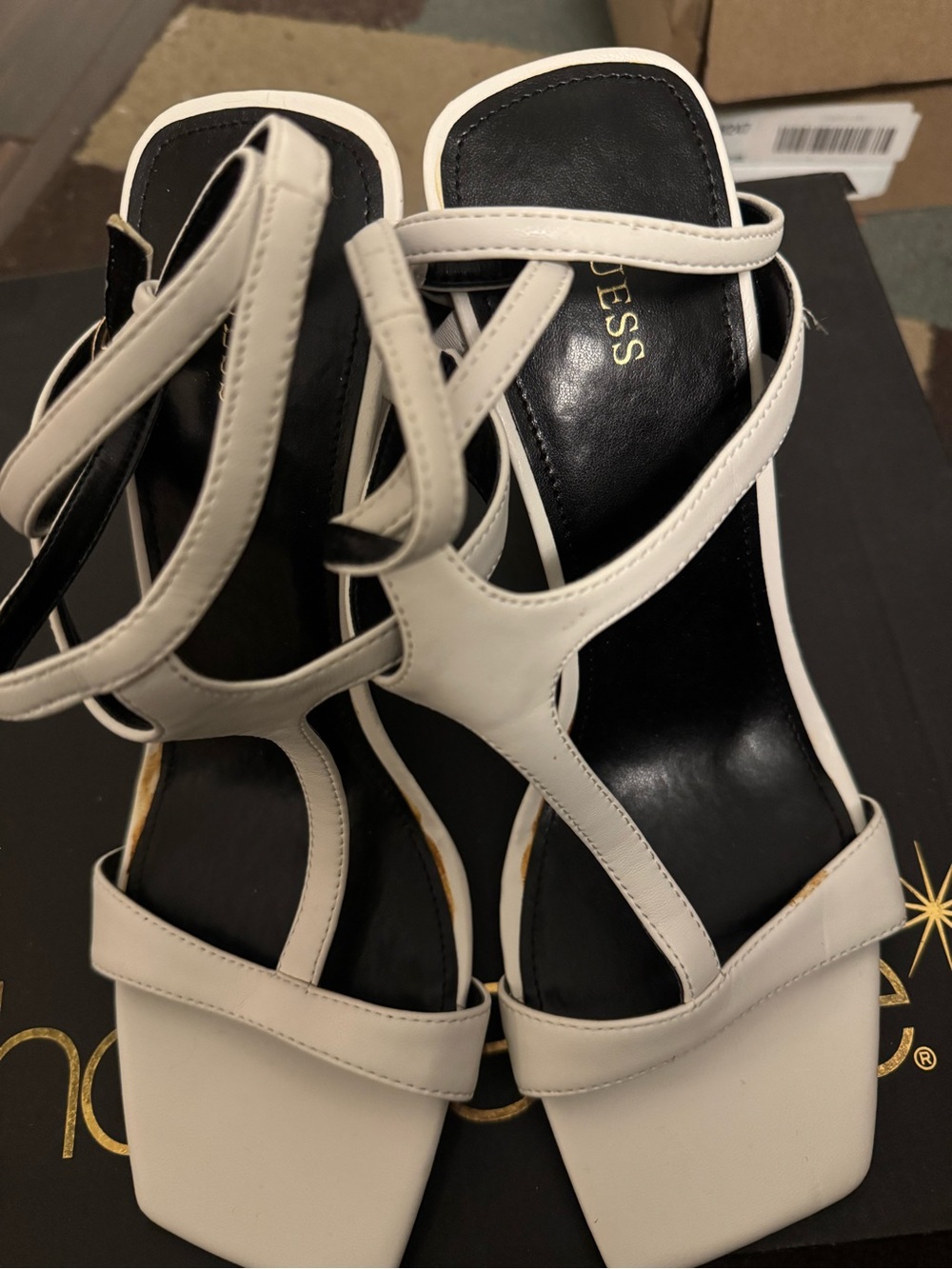 GUESS white Strappy Square-Toe Block Heels
